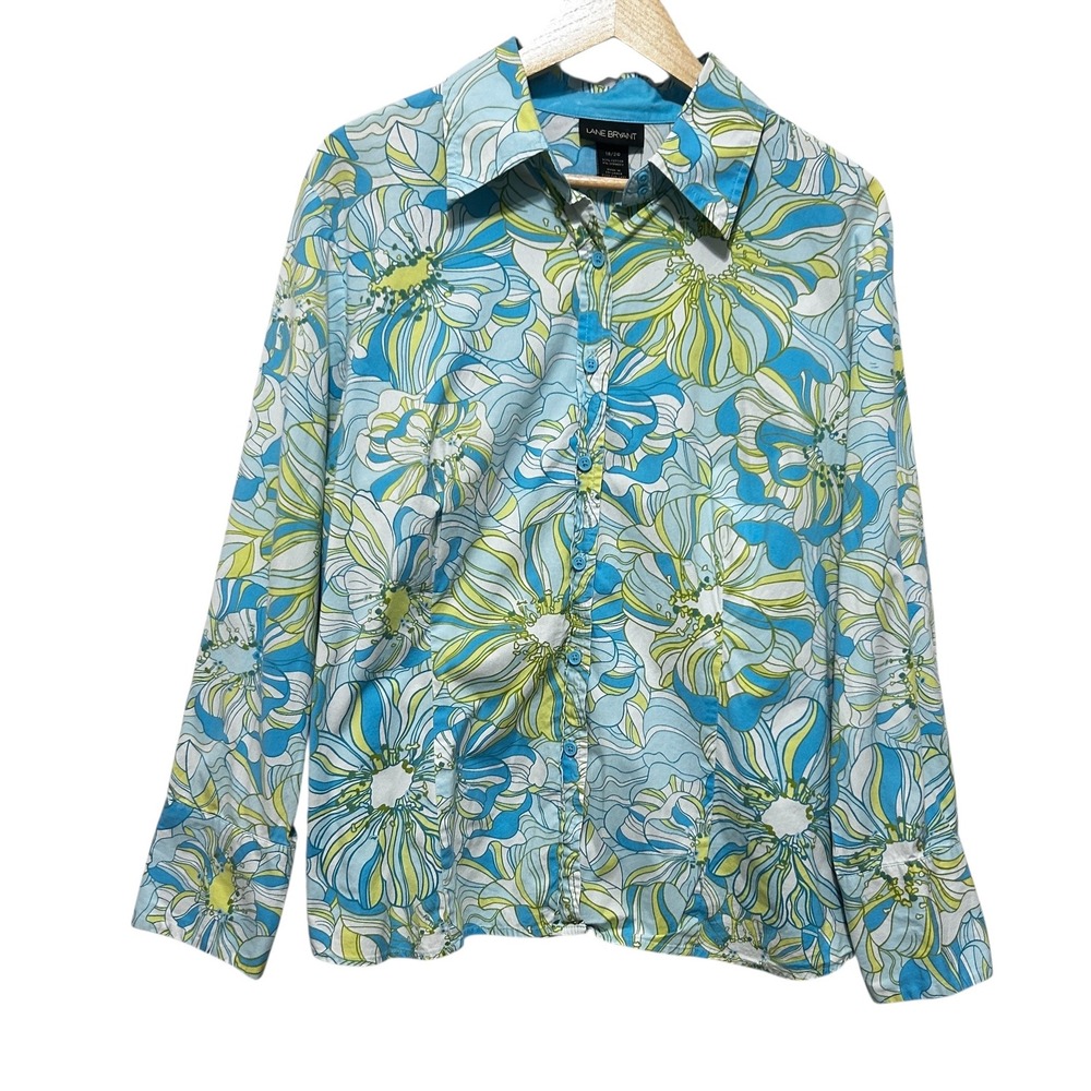 Lane Bryant ButtonTop‎ 18/20 Bright Blue Green Floral Retro Soft Girl Y2K Resort